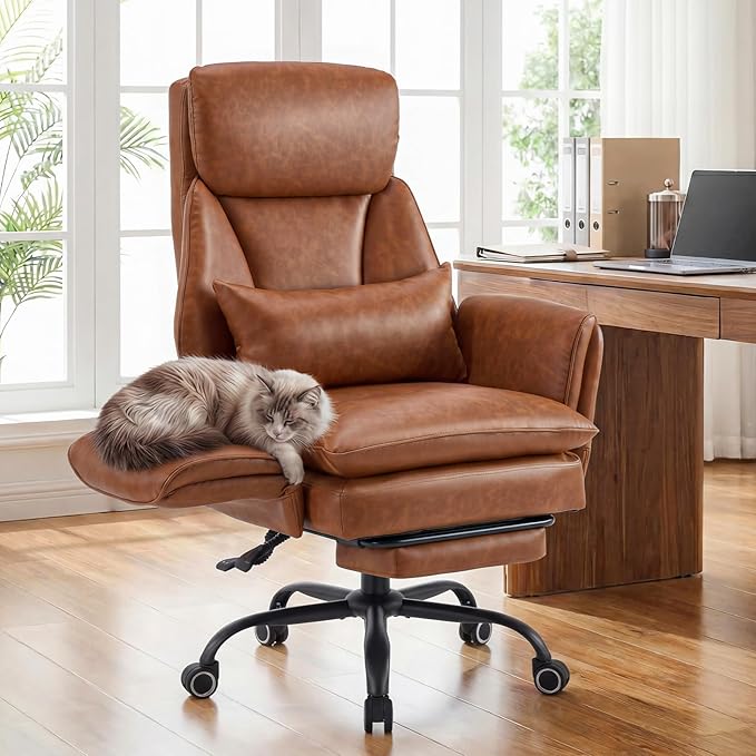 Furniliving Big and Tall Office Chair, Ergonomic Computer Desk Chair with Footrest, Wide Seat Reclining Gaming Chair, Flip Armrests for Cross Legged Sitting, Heavy Duty Support up to 400LBS, PU, Brown