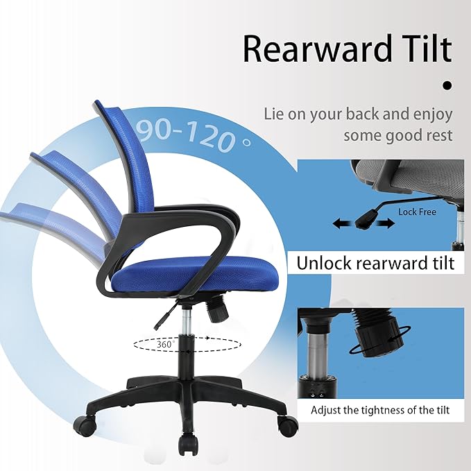 Mesh Office Chair with Adjustable Lumbar - Ergonomic Desk Chair, High-Density Foam Seat & Fixed Armrests, Durable 5-Star Base, PVC Base, Blue
