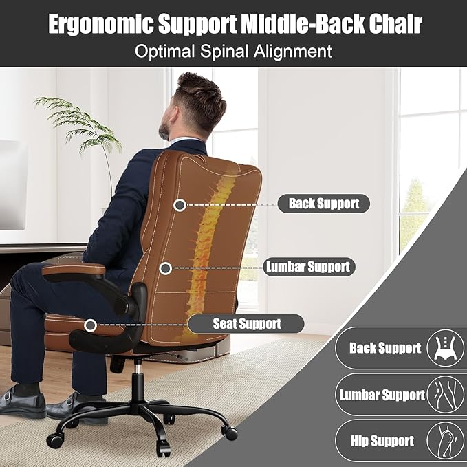 Ergonomic Office Chair with Flip-up Armrests, 300lbs Mid Back Computer Office Desk Chair with Lumbar Support, Executive Leather Chair with Rocking Function Adjustable Height for Home Office