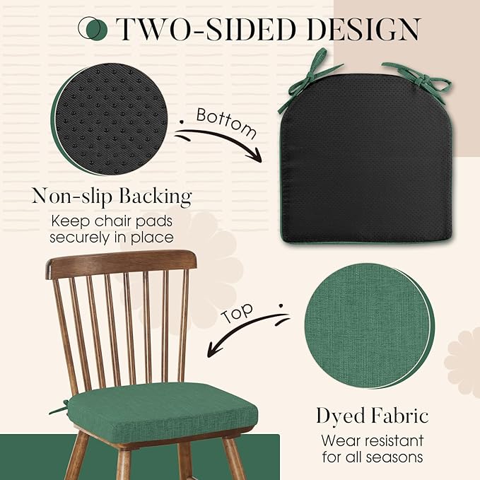 Basic Beyond Chair Cushions for Dining Chairs 6 Pack, Kitchen Chair Cushions with Ties and Non Slip Backing, 16 x 16 inches Chair Pads for Dining Chairs (Forest Green)