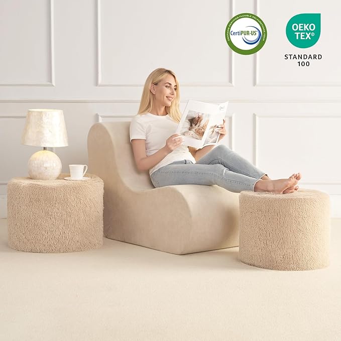 Hansleep Round Stuffed Pouf Ottoman 20 x 15, Foam Filled Faux Fur Ottoman Foot Rest for Chair with Washable Cover, Foot Stools Under Desk for Living Room & Bedroom, Brown