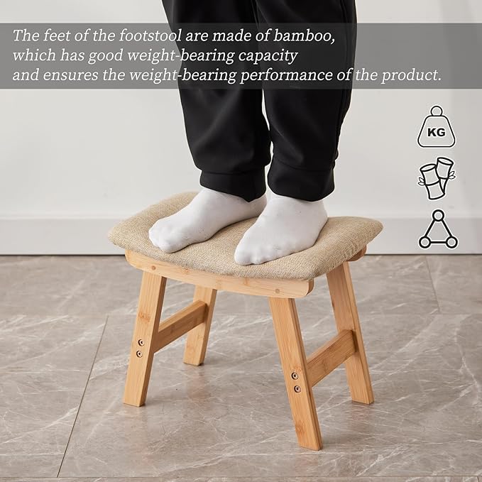 Kitsanery Foot Stool,Ottoman,Bamboo Small Sofa Foot Rest Under Desk,Extra Seating for Living Room, Bedroom and Kitchen (Natural Stool Legs - Beige Surface)