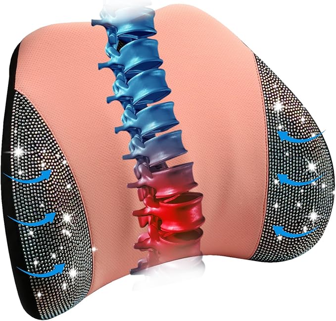 Lumbar Support Pillow with Diamond, Memory Foam Lumbar Pillow for Office Chair for Lower Back Pain Relief, Car Lumbar Support for Driving Seat, Back Support Pillow for car Chair (Pink)
