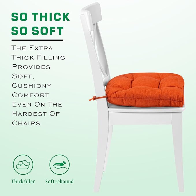 SQUARE MOON Chair Cushions for Dining Chairs, 3 Inch Thick Comfortable Kitchen Chair Pads, Dining Room Seat Cushions with Ties, Machine Washable, 17" x 16" x 3", 4/Pack, Orange