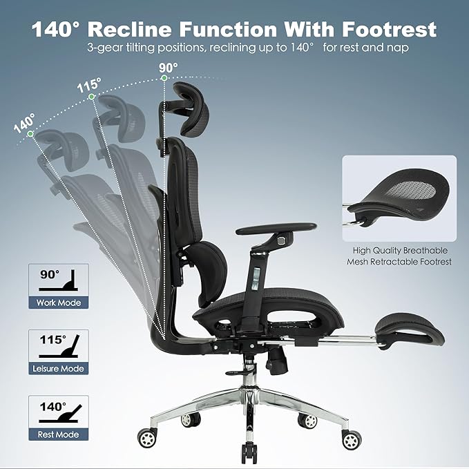 Ergonomic Mesh Office & Gaming Chair with Footrest, High Back Home Office Desk Chair, Comfortable 3D Lumbar Support, 130° Tilt, Adjustable Seat Depth, Adjustable 6D Armrest & 3D Headrest(Black Pro)