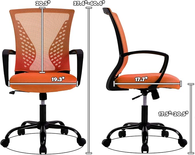 Modern Ergonomic Office Chair - Adjustable Mesh Computer Chair with Lumbar Support & Arms, Comfortable Mid Back Swivel Chair for Home Office, 360° Smooth Rolling (Orange)