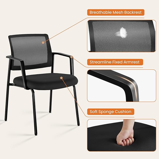 Sweetcrispy Mesh Back Stacking Arm Chairs, Upholstered Fabric Stacking Chairs, Sturdy Metal Office Chairs, Easy to Use and Store, Outdoor and Indoor, for Home, School, Party, Church, 4 Pack Black