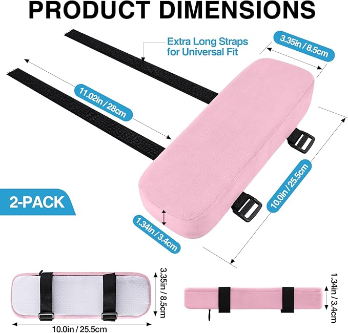 Smiry Ergonomic Office Chair Armrest Pads, Memory Foam Arm Rest Covers, Non-Slip Armrest Cushion with Adjustable Buckles and Straps, Elbow Relief for Desk, Gaming & Wheelchair (Pink, Set of 2)