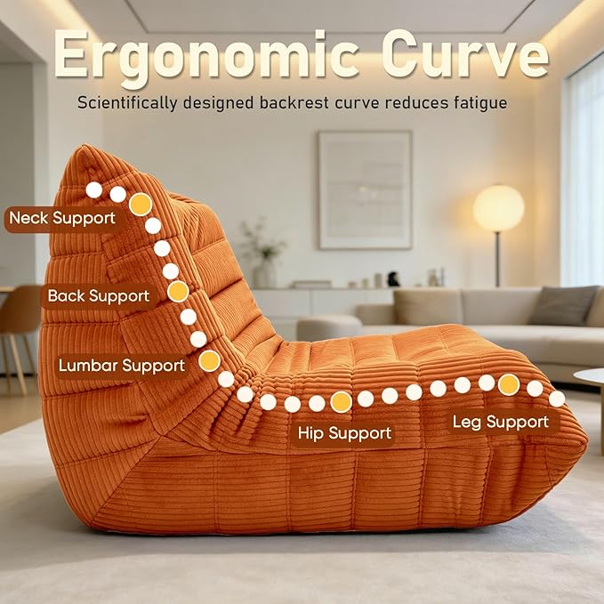 Trenda Bean Bag Chairs for Adults - Comfy High-Density Foam Fireside Chair, Adult Size, Soft Corduroy Cover Beanbag Couch, Versatile for Living Room, Bedroom, Dorm, Reading & Gaming (Orange)
