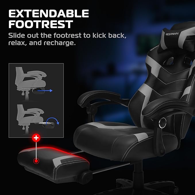 Respawn 110 Pro Ergonomic Gaming Chair with Footrest for Adults - Comfortable Office Gaming Recliner with Lumbar Support and Headrest, Racing Style Video Game Chairs for Computer Gamer - Gray