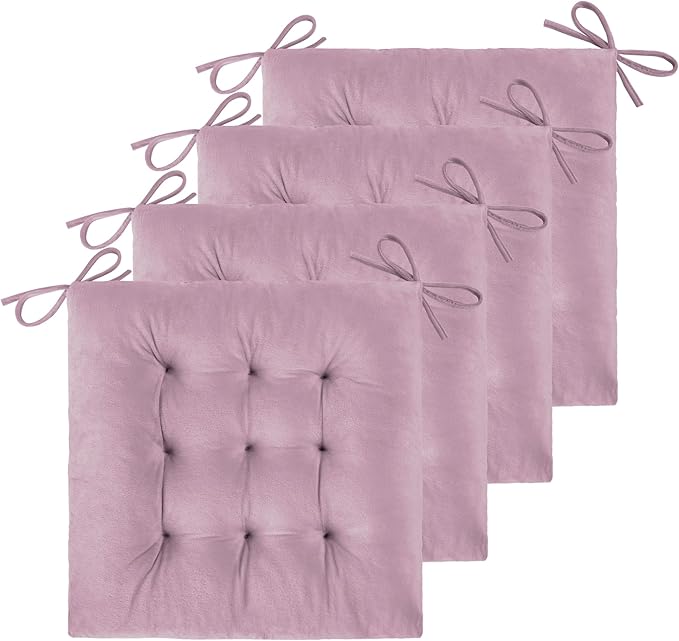 ELFJOY 4 Pack Chair Cushions for Dining Chairs Indoor Kitchen Seat Cushions with Ties Tufted Square Seat Pas for Kitchen Dining Office Room (16" Light Purple Velvet)