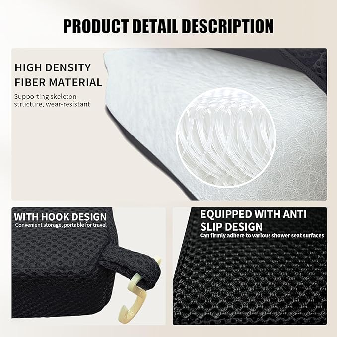 Shower Bench Cushion, Soft Chair Pad for Elderly Bathing, Easy to Clean & Quick Dry，Using 4D air Fiber Material, Suitable for Shower Cushion, Bathtub Baths, Poolside Rest，Black