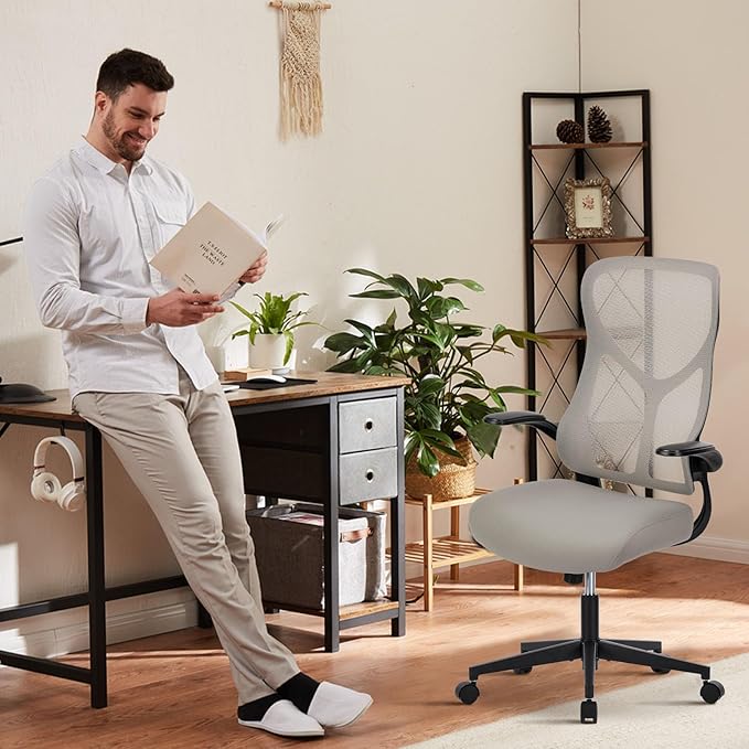 DUMOS Home Office Desk Chair - Ergonomic High Back Mesh Computer Chair with Comfy Flip-up Armrests, Adjustable Height Swivel Task Chair with Wheels, Comfortable Lumbar Support, for Adults, Gery