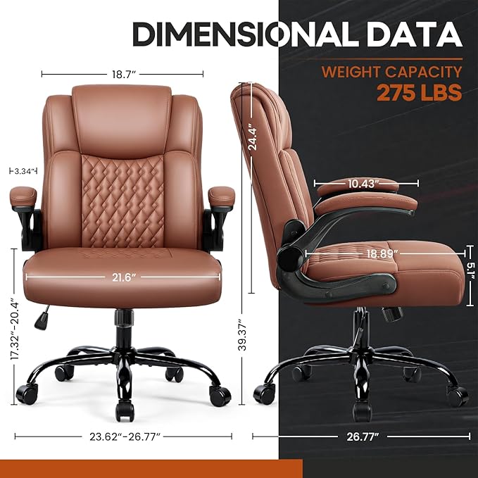OFIKA Leather Office Desk Chair,Ergonomic Office Chair with Lumbar Support,Computer Chair,Executive Leather Chair with Padded Flip-up Arm,Adjustable Armrests, Brown,275LBS