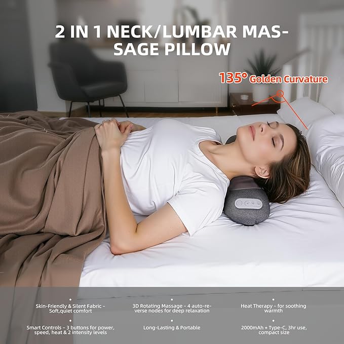 2-in-1 Neck & Lumbar Massager Pillow with Heat for Office Chair, 3D Rotating Massage Nodes, Memory Foam Back Support for Posture Correction, Pain Relief & Relaxation at Home, Office, Travel