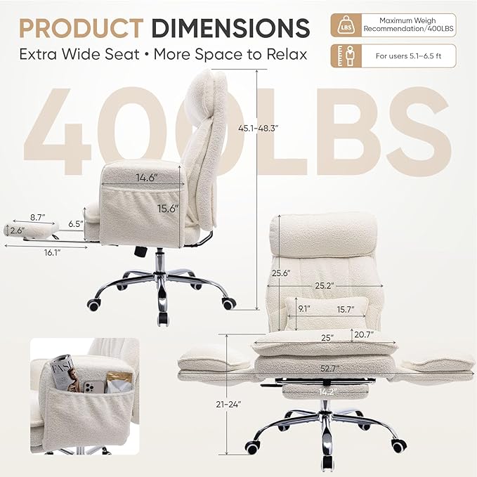 Big and Tall Office Chair with Flip Armrests, Cross Legged Office Chair with Storage Pockets, Comfortable Reclining Computer Chair with Foot Rest, Wide Home Desk Chair, Teddy Fleece, Cream