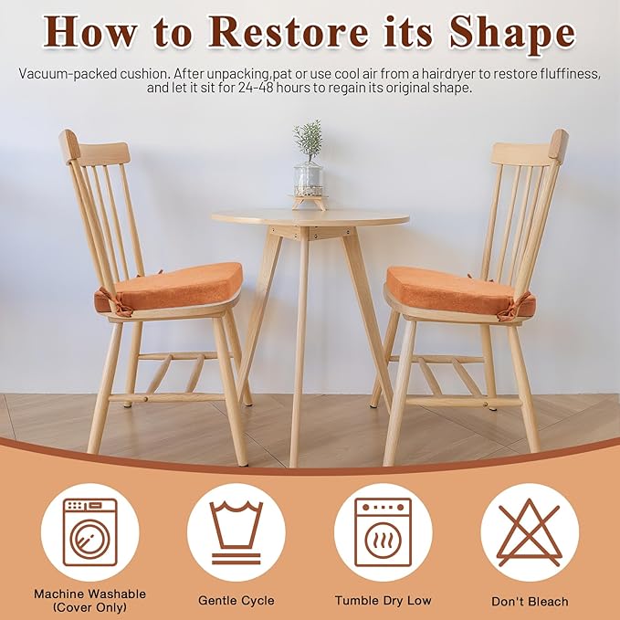 4 Pack Orange Winsor Chair Cushions with Ties, Dining Kitchen Chair Seat Pads Non Slip Removable Washable Cover 17"x16"
