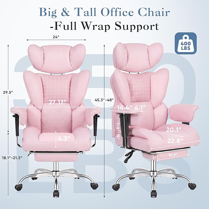 DUMOS Big and Tall Home Office Desk Chair, Gaming Computer Chair, Executive Ergonomic Chair with Footrest, High Back Reclining, Adjustable Armrests and Comfy Lumbar Support, PU Leather, Pink