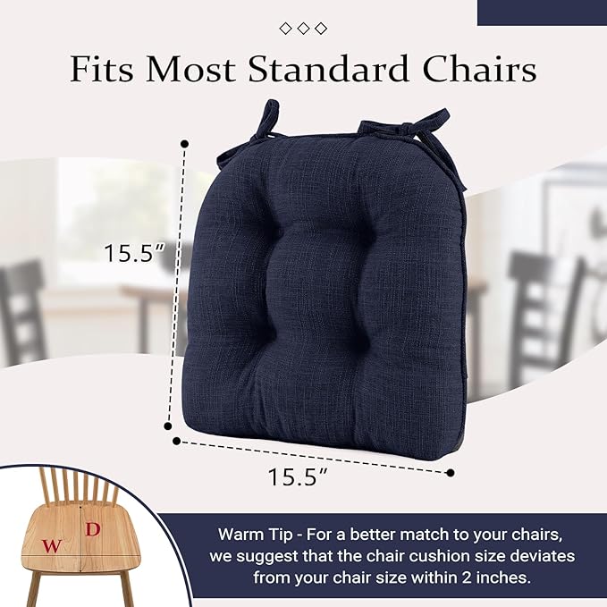 Wellsin Chair Cushions for Dining Chairs, Non-Slip Kitchen Chair Pads with Ties, Tufted Shredded Foam Kitchen Chair Cushions Set of 2, 15.5" X 15.5", Navy