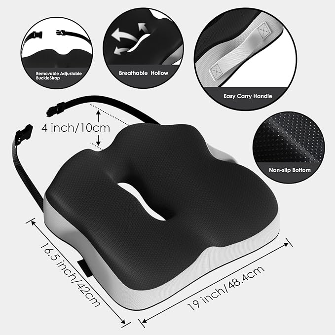 Car Seat Cushion, Extra Large Memory Foam Cushion with Adjustable Strap for Truck Drivers & Long Driving, Orthopedic Sciatica and Tailbone Pain Relief, Comfort Support for Travel Essentials