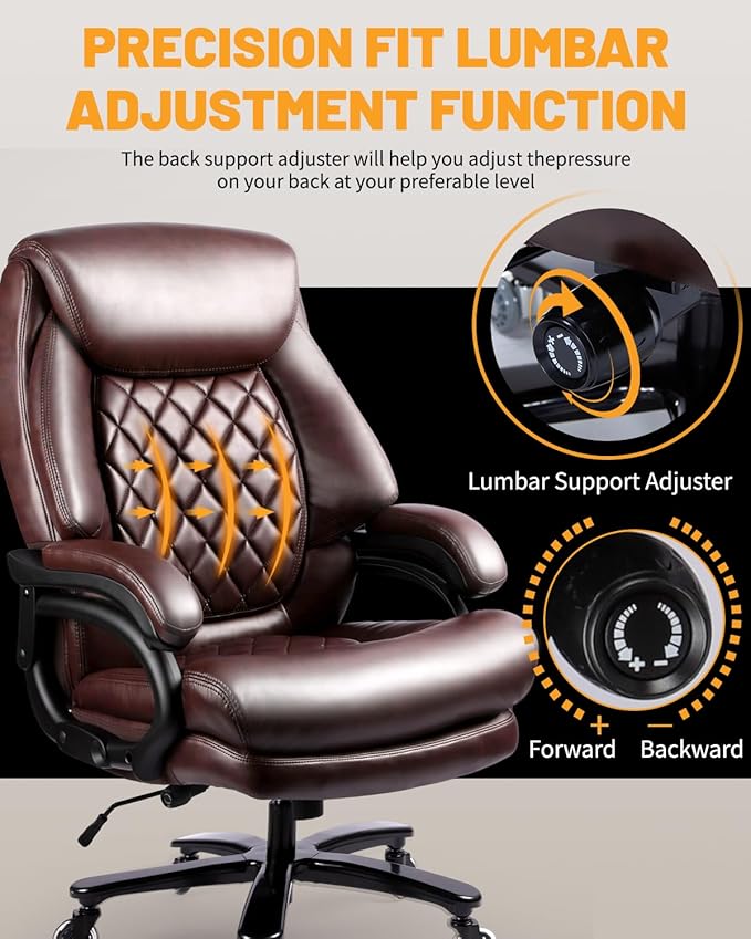 Big and Tall Executive Office Chair with Adjustable Lumbar Support, Extra Wide Seat, Heavy Duty Computer Desk Chair for Long Working Hours, Gaming & Home Office, Quiet Rolling Wheels