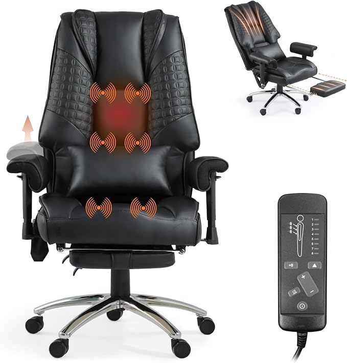 Massage Office Chair with Foot Rest, Ergonomic Executive Heated Office Chair with Reclining Backrest, Adjustable Arms and Lumbar Support, High Back Leather Desk Chairs for Home Office, Black
