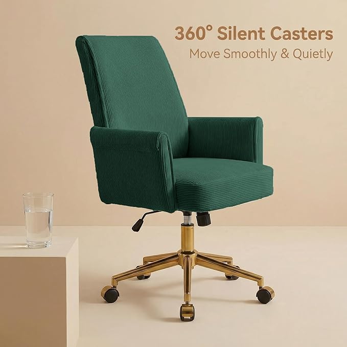 Striped Velvet Office Chair, 360° Swivel Ergonomic Task Chair with High Back, Gold Base and Wheels, Height Adjustable Modern Accent Chair for Home Office, Living Room, Study, Vanity Room (Green)