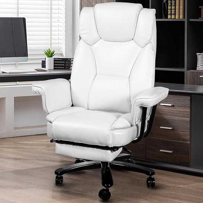 Reclining Office Chair with Footrest, Big and Tall Home Office Desk Chairs 400lbs with High Back, Criss Cross Wide Seat, Heavy Duty Base, Pu Leather, White