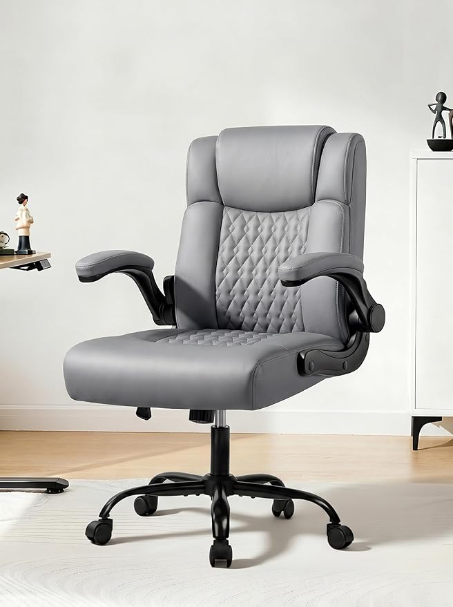 Office Chair PU Leather, Ergonomic Computer Desk Chair with Lumbar Support, Executive Leather Chair with Wheels & Flip-up Armrest, Small Home Office Desk Chair for Short People Use, Grey