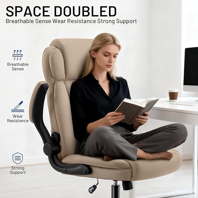 AreShark Ergonomic Office Chair with High Back Headrest,PU Leather Executive Desk Chair Padded Flip-Up Armrests,Lumbar Support,Swivel Computer Chair for Home Office & Gaming, Khaki