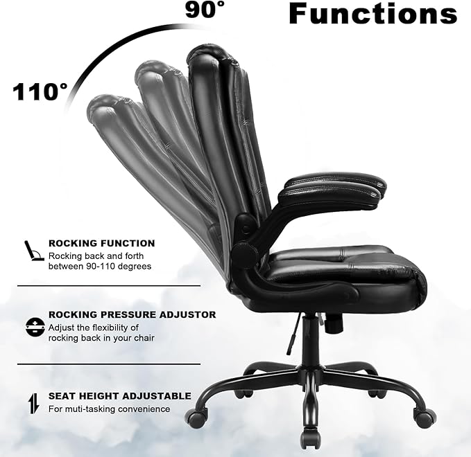 OFIKA Leather Office Desk Chair,Ergonomic Office Chair with Lumbar Support,Computer Chair,Executive Leather Chair with Padded Flip-up Arm,Adjustable Armrests, Gray,275LBS