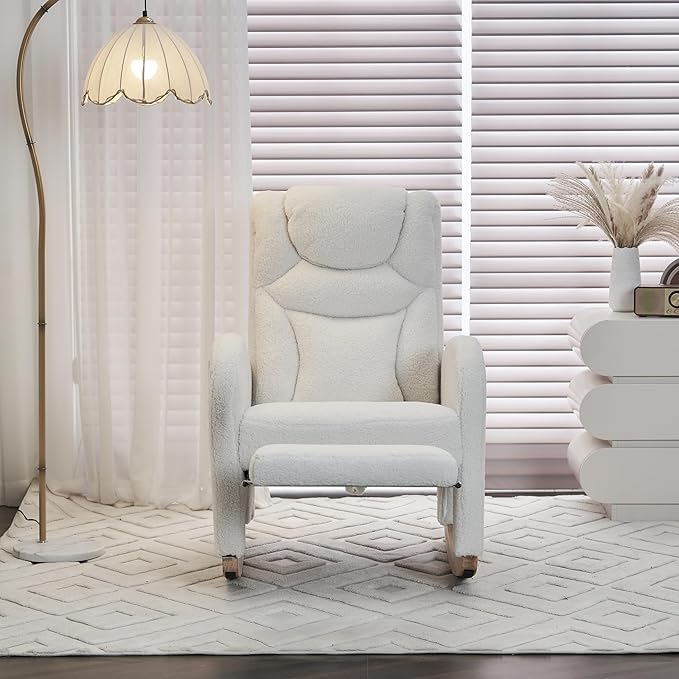 Rocking Chair with Foot Rest, Nursery Glider Teddy Gliding Rocking Chair with Retractable Footrest Rubber Wood Legs Side Pocket High Back & Wide Seat Nursing Chair for Living Room (Ivroy)