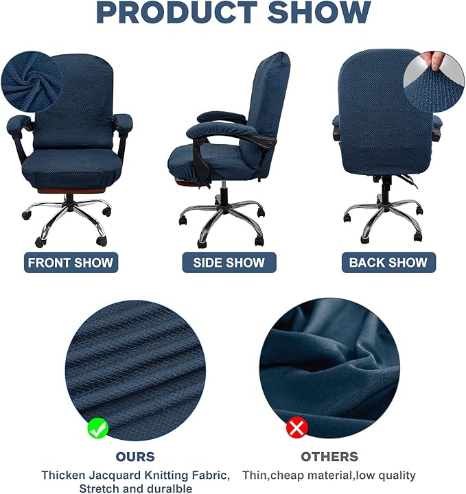 NeColorLife Office Chair Cover with Armrest Covers Stretchable - Zippered High Back Seat Cover for Extra Large Executive Desk Chairs,Big Tall Man (X-Large Size, Navy Blue)
