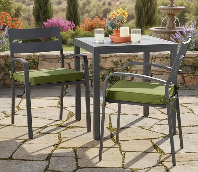 Outdoor 18 inch Square Patio Dining Chair Pads – Comfortable Fiber-Filled Seat Cushions with Ties, Reversible Polyester Fabric - Hunter Green, Set of 2