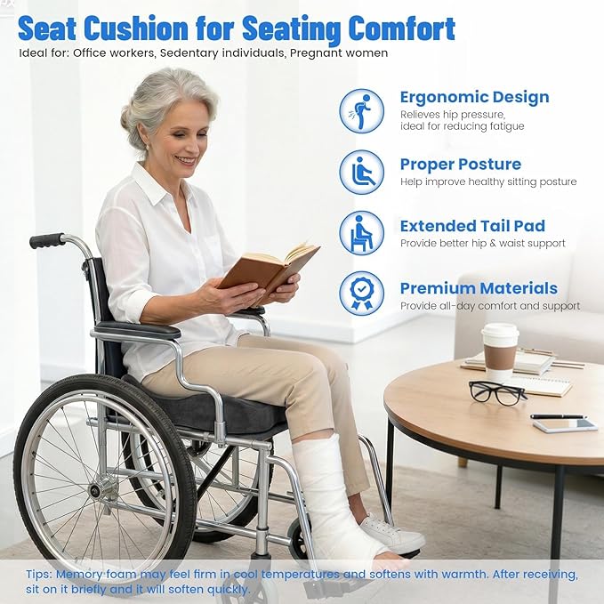 Wheelchair Seat Cushion, Premium Memory Foam Office Chair Cushion, Supportive Donut Pillow for Sciatica, Tailbone & Back Relief, Ergonomic Long Sitting Chair Pad for Car, Airplane, Grey