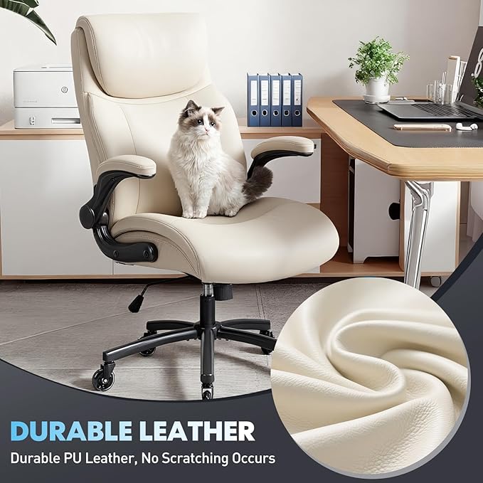 MALOL Ergonomic High-Back Executive Office Chairs, Heavy Duty Home Computer Chair with Lumbar Support, Flip-Up Arms, and PU Leather Upholstery, Beige