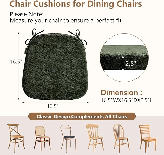 D-Shaped Chair Cushions for Dining Chairs, 2.5” Thick Chair Pads with Washable Comfortable Textured Cover, Non Slip Kitchen Chair Cushions with Ties, 16.5" x 16.5", 6 Pack, Green