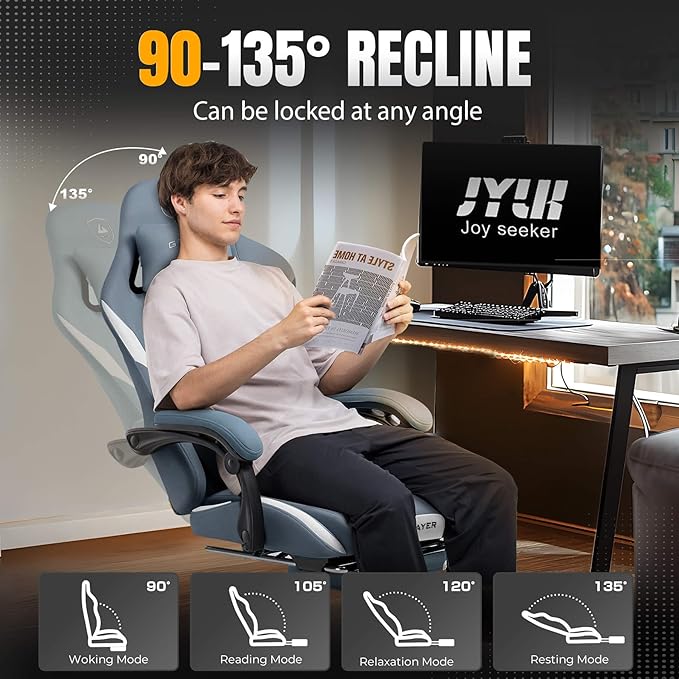 GTPLAYER Gaming Chair with Foot Rest & Pocket Spring Cushion, Ergonomic High Back Computer Desk Chair with Headrest & Lumbar Support for Back Pain Relief, Breathable Fabric, Blue