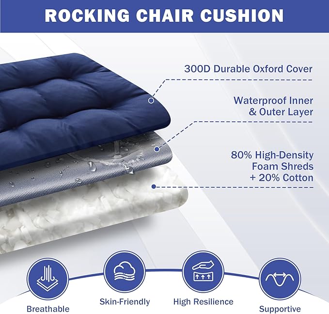 IPYNBAP Rocking Chair Cushion, Waterproof and Fade-Resistant Patio Chair Cushions, Tufted Chair Pads for Rocker Furniture, 17x17 Inch, Indoor/Outdoor Seat Cushions with Ties, Navy Blue