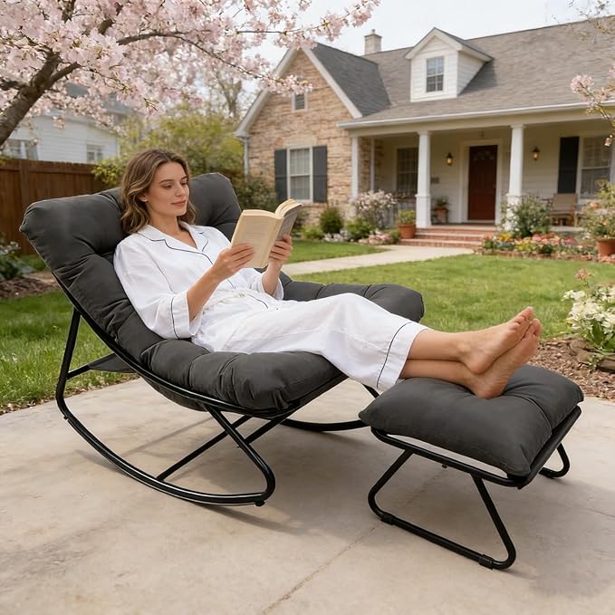 Outdoor Rocking Chair, Rocking Chair with Foot Rest, Comfy Rocker Chairs with Thick Cushion and Frame, Mecedora for Balcony, Living Room, Patio (Grey.)