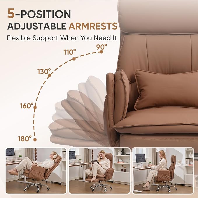 Big and Tall Office Chair with Flip Armrests, Cross Legged Office Chair with Storage Pockets, Comfortable Reclining Computer Chair with Foot Rest, Wide Home Office Desk Chair, Leather Brown
