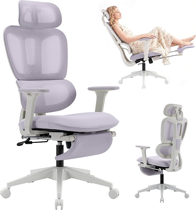 Ergonomic Office Chair with Footrest, 90-135° Reclining High Back Desk Chair with Lumbar Support, 2D Headrest, 2D Armrests, Computer Chair for Long Hours, Purple