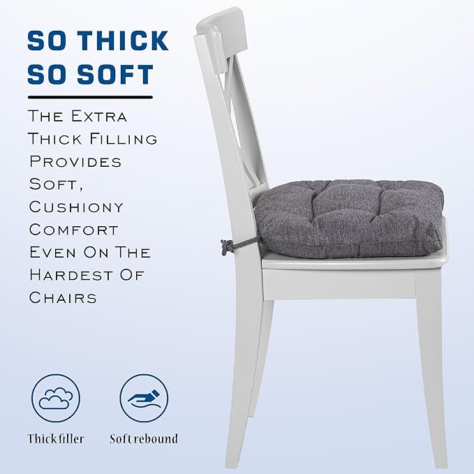 SQUARE MOON D-Shaped 3" Thick Chair Cushions, Chair Pads for Dining Chairs and Kitchen Chairs, Indoor Dining Room Seat Cushions with Ties, Machine Washable, 17" x 16" x 3", 4/Pack, Grey