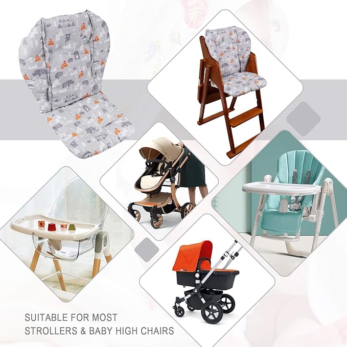 High Chair Pad, High Chair Cushion, seat Cushion, Breathable Pad, with Baby High Chair Seat Belt, 2 Pieces, Soft and Comfortable, Make The Baby More Comfortable (Grey Animal Pattern)