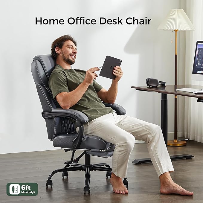 amseatec Office Chair, Big and Tall Office Chair with Foot Rest Ergonomic Chair Home Office Desk Chairs Reclining High Back Leather Chair with Lumbar Support(Gray)