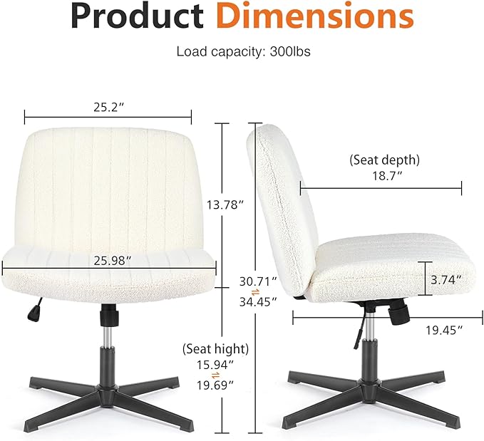 Sweetcrispy Criss Cross Chair Legged, Furry Armless Office Swivel Desk Chairs No Wheels, Vanity Height Adjustable Wide Seat Comfy Cute Computer Task Chair for Home Bedroom, Teddy Beige