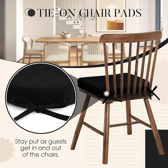 Basic Beyond Chair Cushions for Dining Chairs 4 Pack, Kitchen Chair Cushions with Ties and Non Slip Backing, 16 x 16 inches Chair Pads for Dining Chairs (Black)