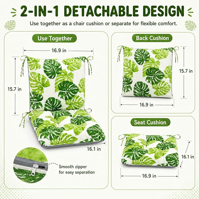 ChezMax Chair Cushion Cotton Linen Detachable Seat Back Cushion with Ties Thickened Chair Pads for Outdoor Car Office Patio Bedroom Living Room Green Bale