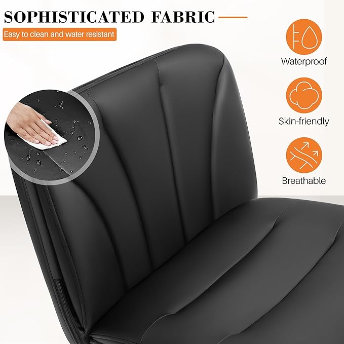 FelixKing Criss Cross Chair with Wheels, Cross Legged Office Chair, Armless Wide Vanity Desk Chair with 2 Layer Comfty Velvet & Back - Swivel for Home Office Bedroom, Dark Black