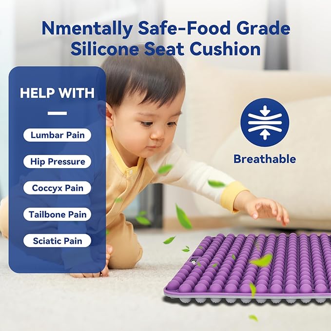 Purple Silicone Seat Cushion for Long Sitting Hours on Office & Home Chair, with 3D Non-Slip for Office Chair Cushions, Car Seats, Airplane Seat, Wheelchair Seat Cushions,Long Trips